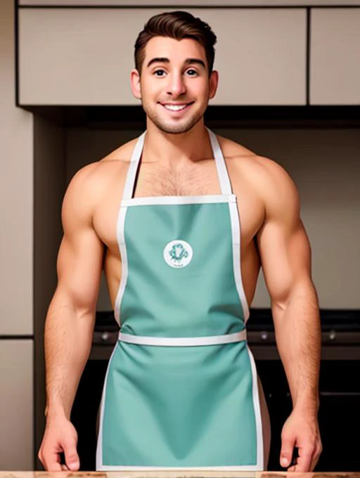 1man, front view, naked apron, elegantly cooking in a kitchen , wearing a chic apron, penis head shows below apron, <lora:Naked Apron By Stable Yogi:0.8>