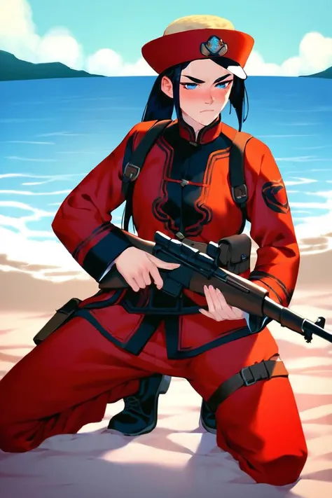 a woman in red uniform holding a rifle on a beach