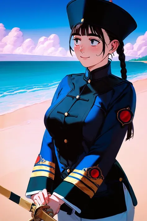 anime girl in uniform holding a sword on a beach