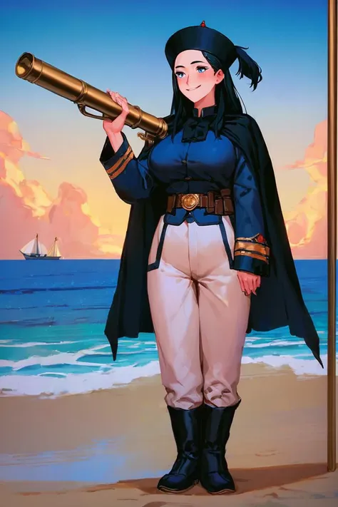 a woman in a blue cape holding a telescope on the beach