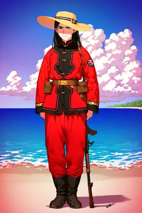 a cartoon of a man in a red uniform standing on a beach