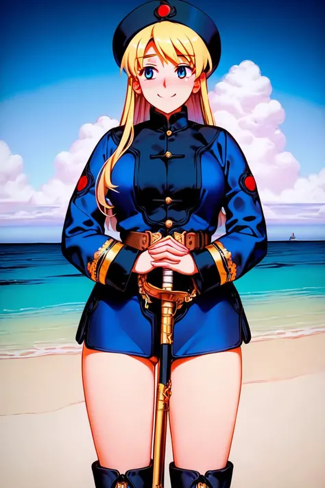 a woman in uniform standing on a beach with a sword