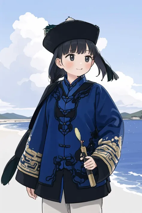 anime character dressed in blue and black standing on beach