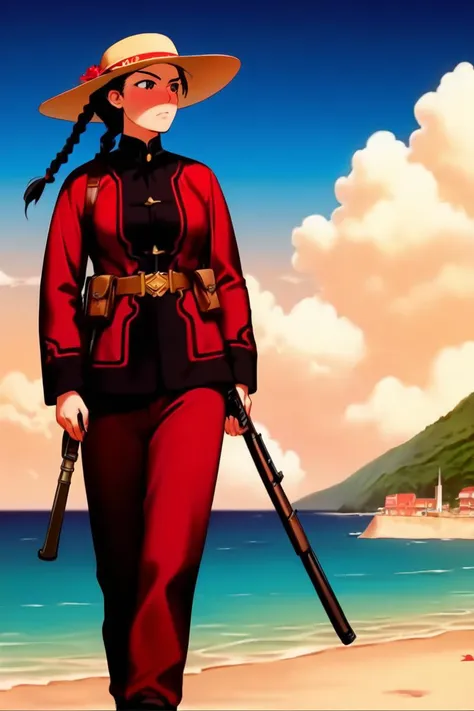 a woman in a red uniform holding a gun on a beach