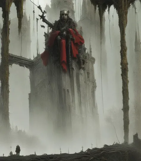 a man standing in front of a giant tower with a giant red cloak