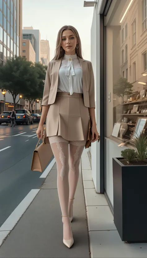 a woman in a skirt suit and heels walking down a sidewalk