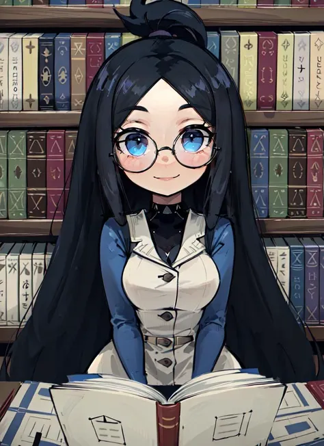 anime girl sitting on a chair reading a book in front of a bookcase