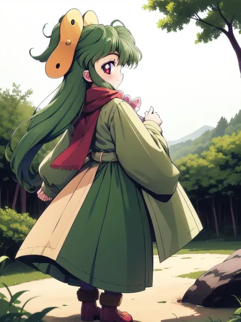 <lora:plum:1>, plum, 1girl, solo, long hair, green hair, red eyes, hair ornament, screw, hair bobbles, jewel, from behind,
fur hat, yellow scarf, green coat, brown pants, shoes, happy, standing, forest, looking at viewer
masterpiece, high quality, very_hig...