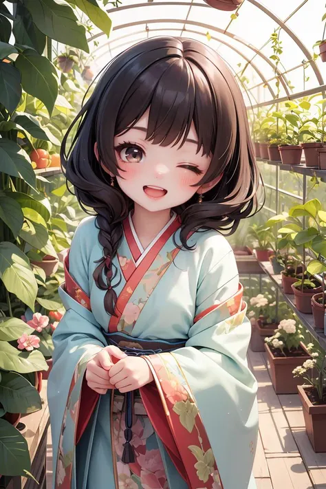 masterpiece,best quality,absurdres,(ultra-detailed),1girl,chibi,hanfu,fringed bangs,brown eyes,vegetable greenhouse,cscenery,one eye closed,open mouth,smile,looking at viewer,sparkle,(beautiful detailed face),(beautiful detailed eyes),<lora:GoodHands-vanil...