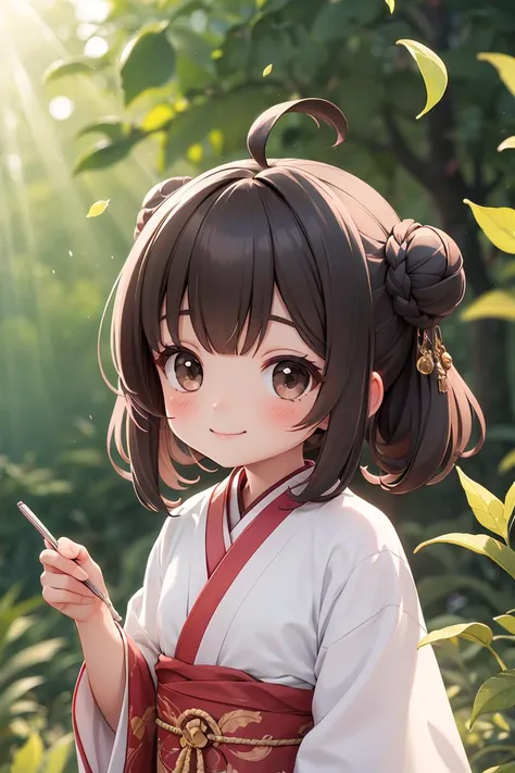 masterpiece,best quality,absurdres,1girl, solo, hanfu, chibi, single hair bun, holding,writing, outdoors, upper body, brown eyes, day, closed mouth, hair ornament,  black hair, blush, leaf,  smile, bangs, long sleeves, sunlight, parted bangs, brown hair, b...