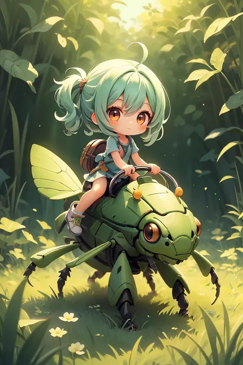 ((best quality)),((masterpiece)),(detailed),(full body:1.1),chibi,highres,ultradetailed,vibrant colors,1girl,<lora:riding_a:0.6>,riding on a grasshopper,grass,<lora:GoodHands-vanilla:1>,