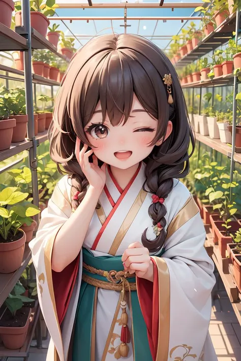 masterpiece,best quality,absurdres,(ultra-detailed),1girl,chibi,hanfu,fringed bangs,brown eyes,vegetable greenhouse,cscenery,one eye closed,open mouth,smile,looking at viewer,sparkle,(beautiful detailed face),(beautiful detailed eyes),<lora:GoodHands-vanil...