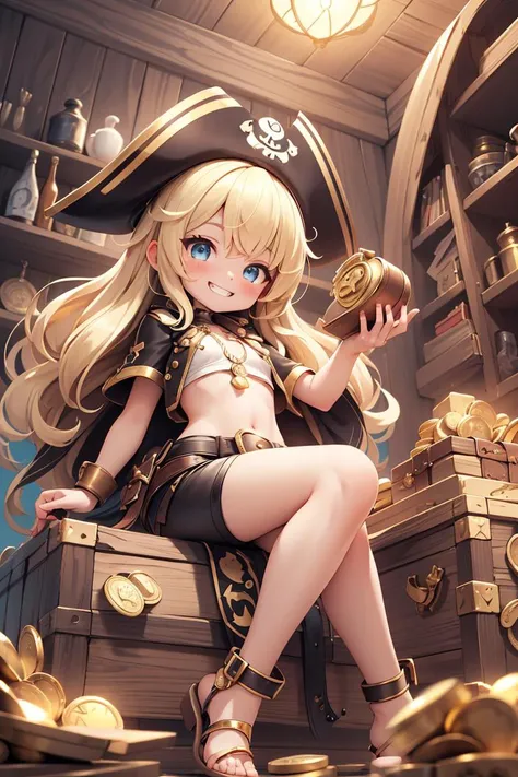 chibi,((best quality, high resolution, distinct image)), (delicate illustration),  (glossy eyes:1.0), fantasy, tareme, blonde hair, long hair, blue eyes, (breasts), grin, pirates costume, corsair, leather shorts, bandana, (sitting on treasure chest:1.2), (...