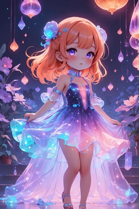 (masterpiece:1.4, best quality),1girl,chibi,solo,orange hair,purple eyes,<lora:bioluminescent_dress-1.0:1>, bioluminescent dress,