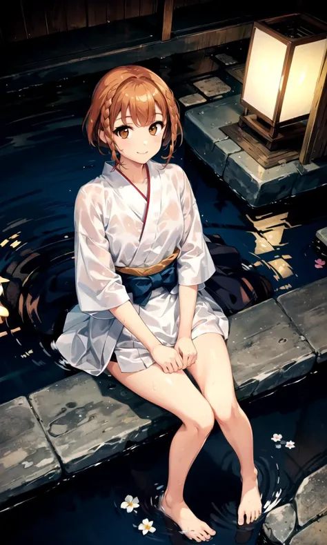 masterpiece, highres, best quality, 1girl solo, sitting, from above, looking at viewer, light smile, wading, wet hair, night, poolside, japanese onsen, kusakabe korona, <lora:kusakabeKoronaASkyFull_v10:0.8>