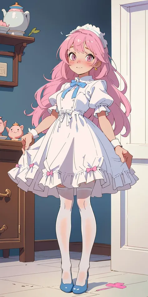 ((masterpiece,best quality, detailed)), 1girl, blue and white frill dress, (white stockings), pink hair, cute face, standing, indoor, intricate detail, sunlight,