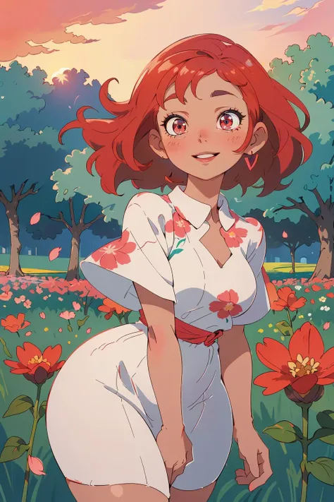 A woman in a vintage-inspired floral dress, her hair styled in loose waves, with a confident and radiant expression, open field, flower field, bloom, sunset, smile,  (((curvy))), ((mature female)), very short hair, ((thick lips)),  anime screencap, flat co...