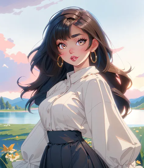 masterpiece, best quality, highres, intricate detail, 1girl, (mature female:1.5), (curvy:1.3), (thick lips:1.4), eyeshadow,  brown eyes, long hair, black hair,   grass, oversized clothes, long skirt, spring (season),  blue sky, walking, lake, hill, sunset,...