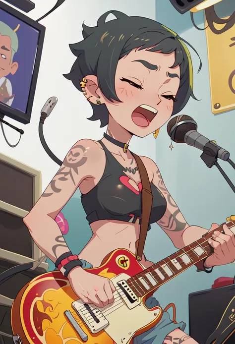 recording studio,  ( masterpiece, intricate detail, best best quality, ) clean  1girl, (mature female:1.5)  (buzz cut:1.2), very short hair, punk,  punk rock, arm tattoo, ear piercing, navel piercing,  rock band, playing electric guitar, gibson les paul, c...