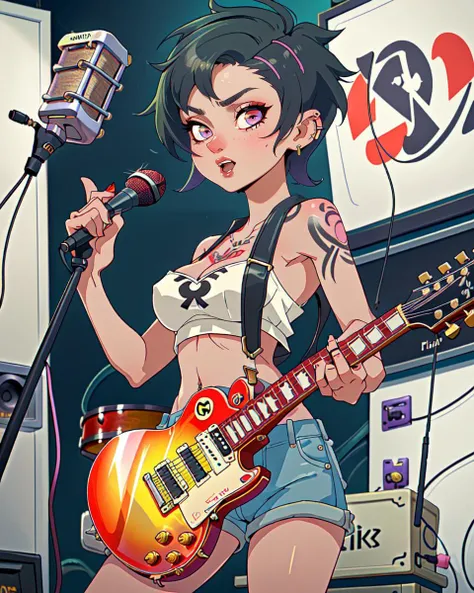 microphone stand,recording studio,  ( masterpiece, intricate detail, best best quality, ) clean  1girl, (mature female:1.5)  (buzz cut:1.2), very short hair, punk,  punk rock, arm tattoo, ear piercing, navel piercing,  rock band, playing electric guitar, g...