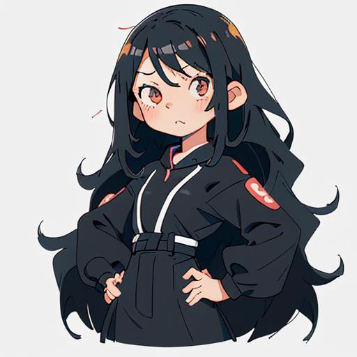 anime, girl, looking to the right, hands in the back, playful facial expression, chibi, long wavy black hair, funny