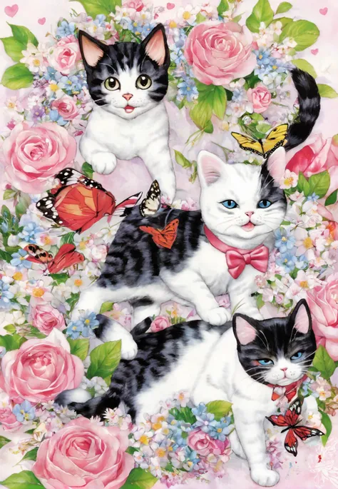 a group of cats laying on top of a bed of flowers