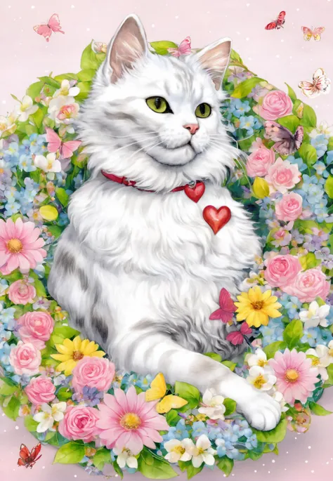 a white cat sitting in a wreath of flowers with butterflies