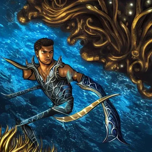 concept-art of fish-men fighting underwater with tridents