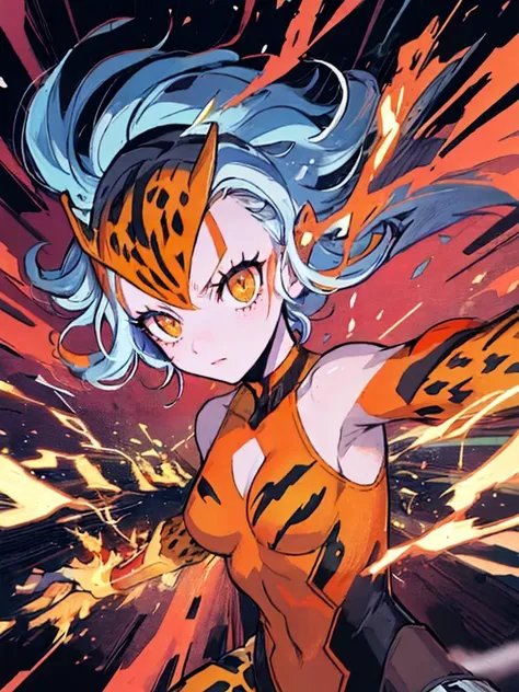 a woman in an orange outfit with a tiger head and a sword