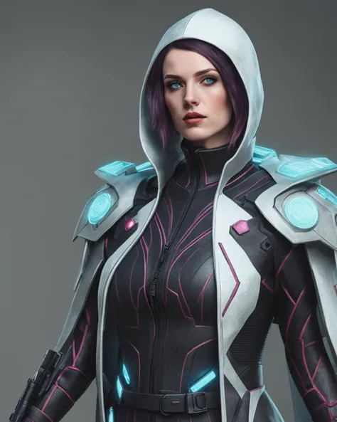 a woman in a futuristic suit with a hood and a hoodie