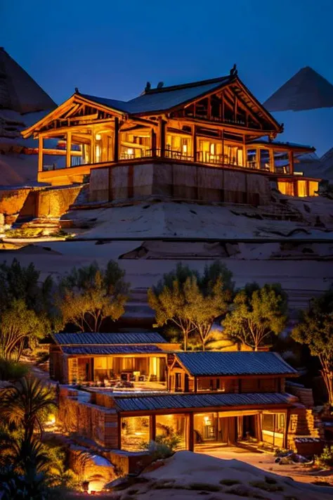 a large house with a mountain in the background at night