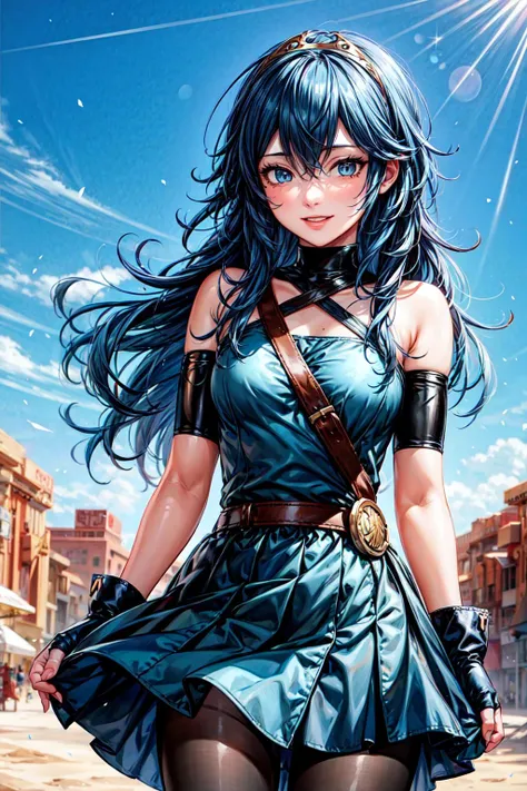 ((masterpiece)), (looking at viewer:1.1), (cowboy_shot:1.2), sahara desert, dusk
BREAK
1girl, blue_hair, [long_hair|short_hair], tiara, <lora:EPfeLucina:0.8>, EPfeLucina, happy, smile,
BREAK
 halterneck, layered skirt, fingerless gloves