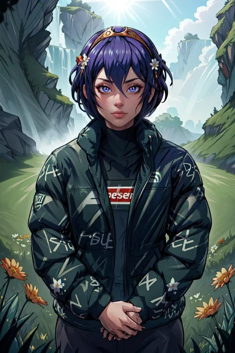 (masterpiece, best quality, absurdres, 4k, aesthetic, detailed, intricate, perfect lighting),outside,grassy field,flowers,sunlight,1girl,epfelucina,tiara,short hair,happy,own hands together,dripjacket <lora:EPfeLucina:0.8>  <lora:concept_dripmeme:0.8>