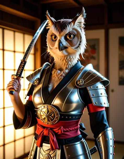 inkpunk, anthropomorphic siamese owl samurai, (samurai armor:1.2), japanese painting style, holding a katana, cinematic lighting...