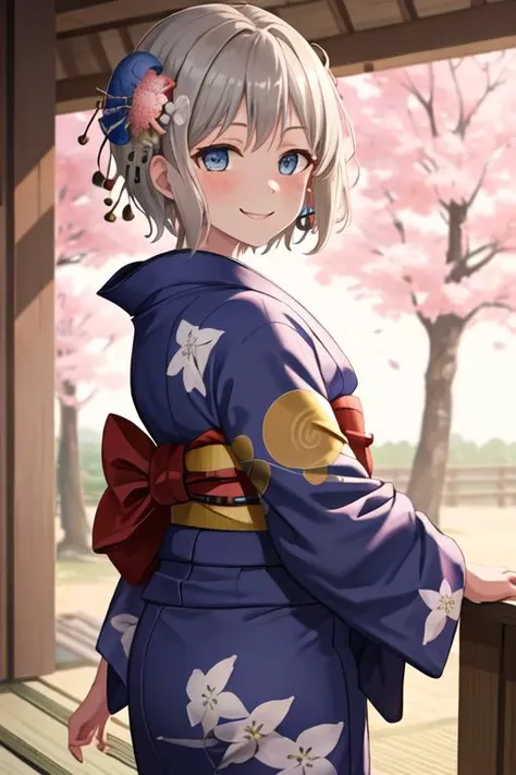 best quality, masterpiece, highres, solo, {yukata:1.40}, {kimono:1.20}, {aoba_moca_bangdream:1.15}, short_hair, grey_hair, bangs, blush, smile, blue_eyes