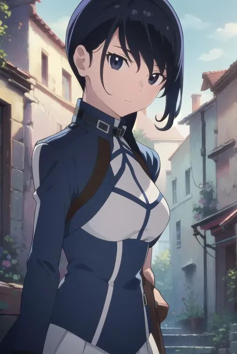 grimgarmerry, <lyco:merry-lyco-nochekaiser:1>, 
merry, short hair, blue hair, (black eyes:1.5), ponytail, low ponytail, side locks,
BREAK gloves, pantyhose, uniform, long sleeves, white uniform, blue uniform,
BREAK looking at viewer,
BREAK outdoors,
BREAK ...