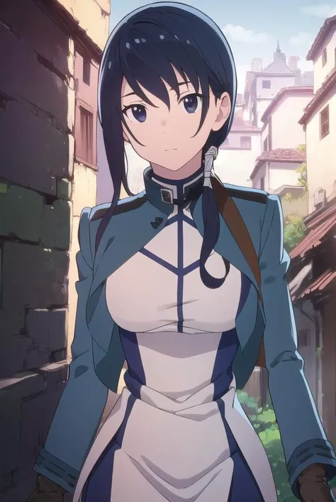 grimgarmerry, <lyco:merry-lyco-nochekaiser:1>, 
merry, short hair, blue hair, (black eyes:1.5), ponytail, low ponytail, side locks,
BREAK gloves, pantyhose, uniform, long sleeves, white uniform, blue uniform,
BREAK looking at viewer,
BREAK outdoors,
BREAK ...