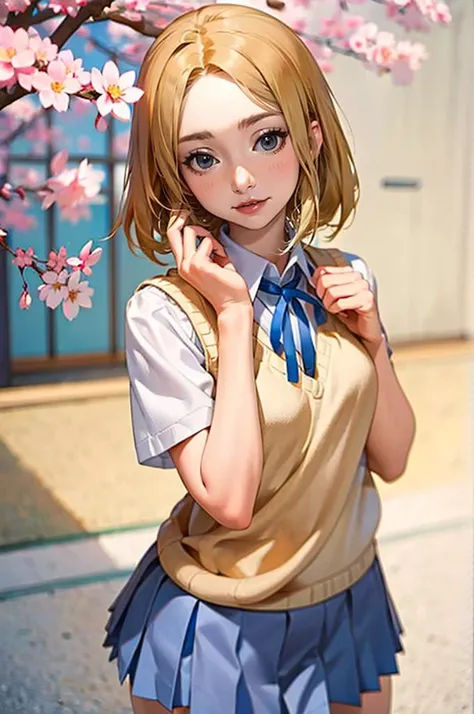 <lora:Peachmilky2:0.75> Peachmilky2, blonde hair,  cowboy shot,  <lora:SakuragaokaHighSchoolUniform:1> SakuragaokaSummer, sakuragaoka high school uniform, sweater vest, neck ribbon, short sleeves, grey skirt,, absurdres, ultra detailed, masterpiece, best q...