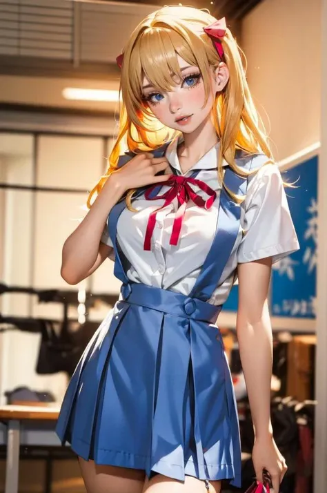 <lora:Peachmilky2:0.75> Peachmilky2, blonde hair,  <lora:eva school unifrom_20231114021315:0.75> eva school unifrom, 1girl, solo, tokyo-3 middle school uniform,  shirt, short sleeves, suspender skirt, neck ribbon, cowboy shot,, absurdres, ultra detailed, m...