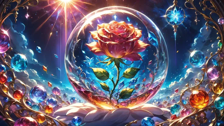 a rose in a glass ball surrounded by jewels and gems