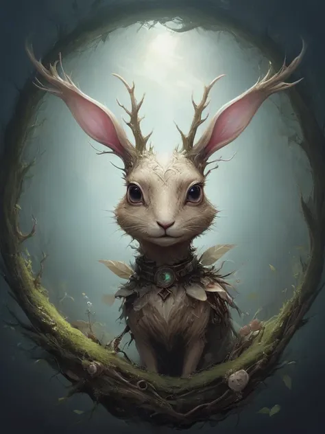 a rabbit with horns and a collar sitting in a circle