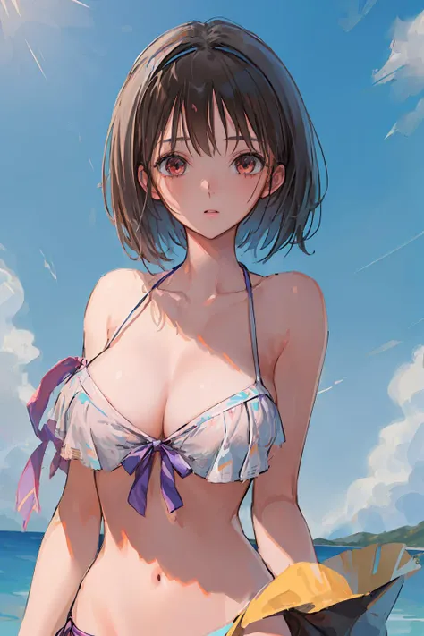 ((((ultra illustrated style:1.0)))),best quality,best animated,masterpiece,ray tracing, global illumination,I-type Valley,head,bikini,1girl, solo, standing, looking at viewer, upper body,outdoors, <lora:I-type Valley:0.7> <lora:Hoshizaki Ao_07:0.7>