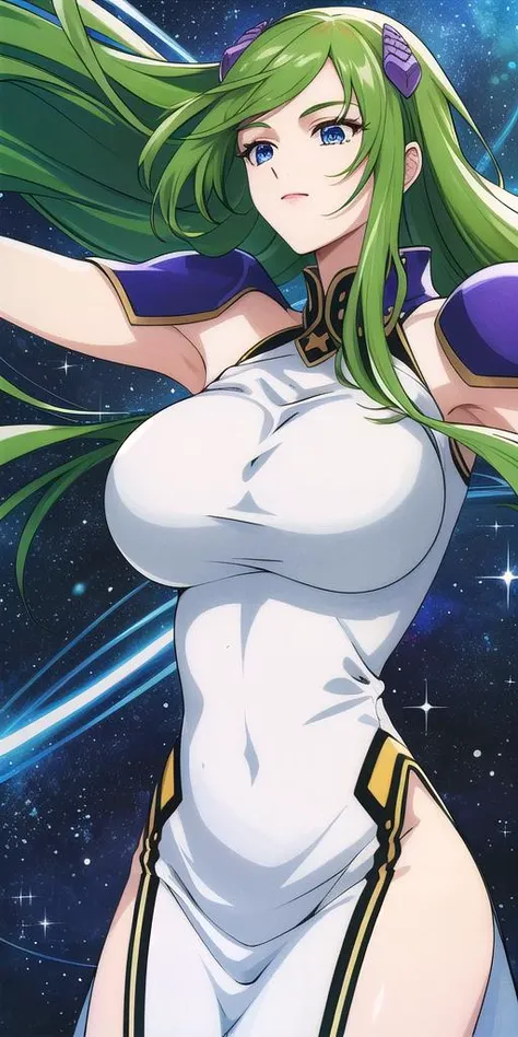 a woman with long green hair and a white top is posing in front of a space background