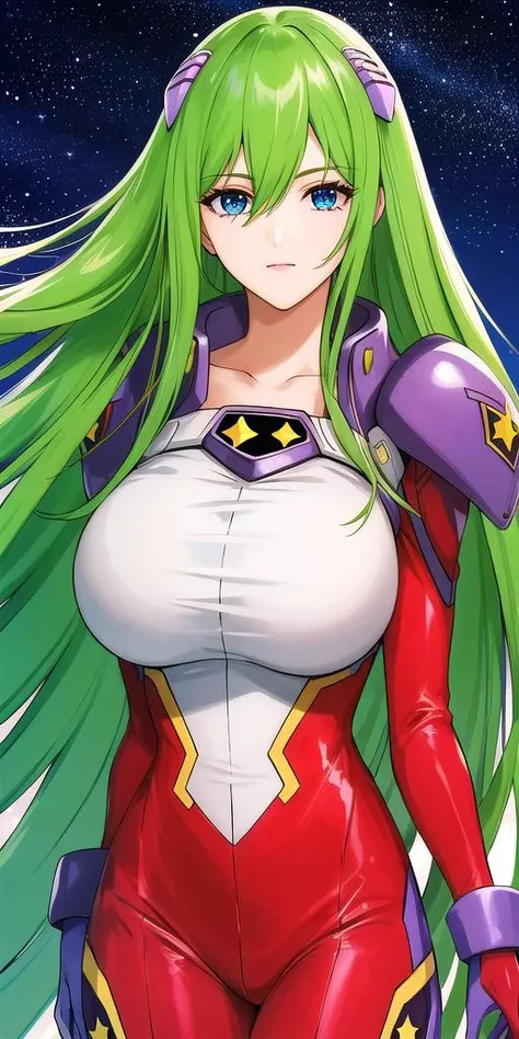 a woman in a red and green outfit with long green hair