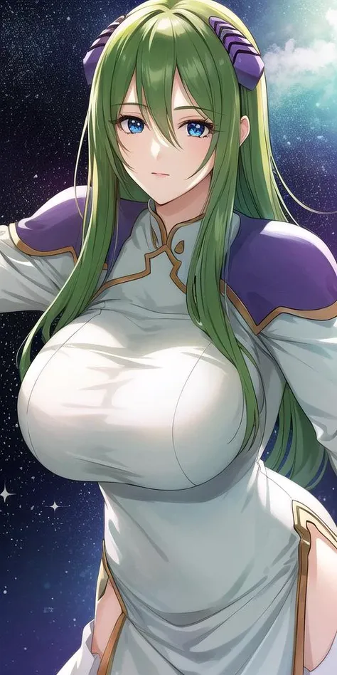 a woman with long green hair and a white shirt is posing in front of a starr sky