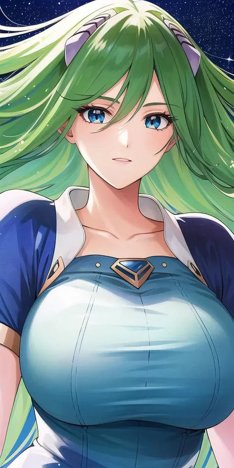 a close up of a woman with green hair and a blue dress