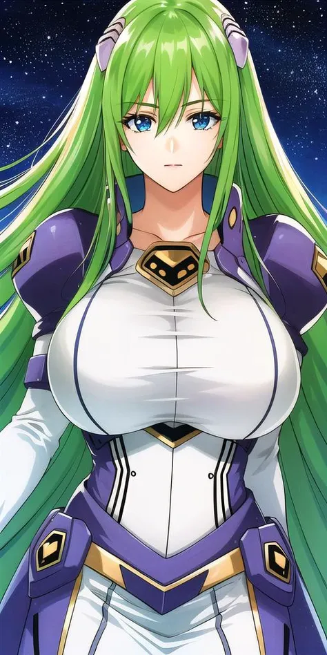 a woman with long green hair and a white top is standing in front of a starr sky