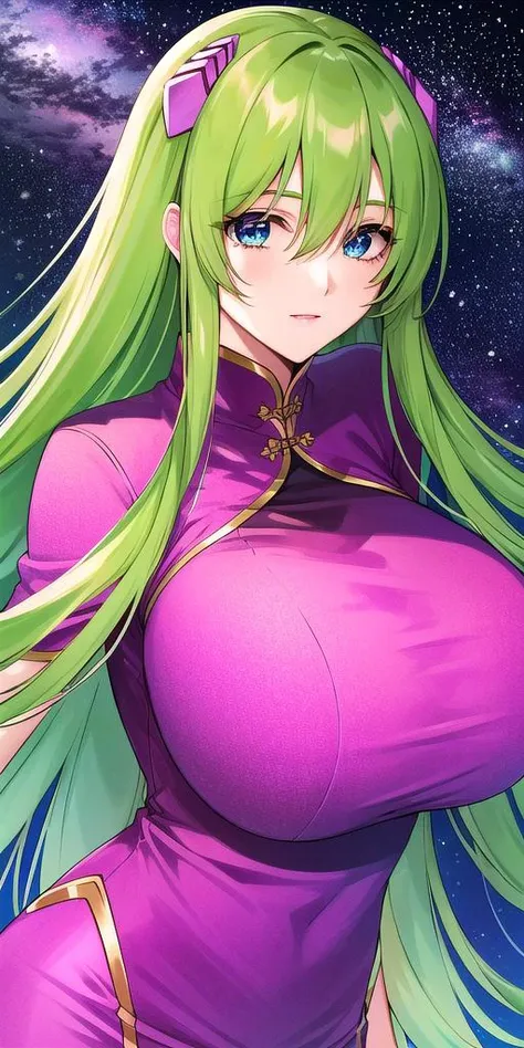 a woman in a purple dress with long green hair and a purple top