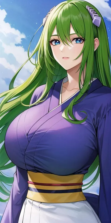 a woman with long green hair and a purple top