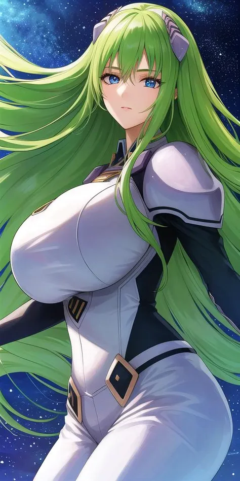 a woman with long green hair and a white top is standing in front of a blue sky